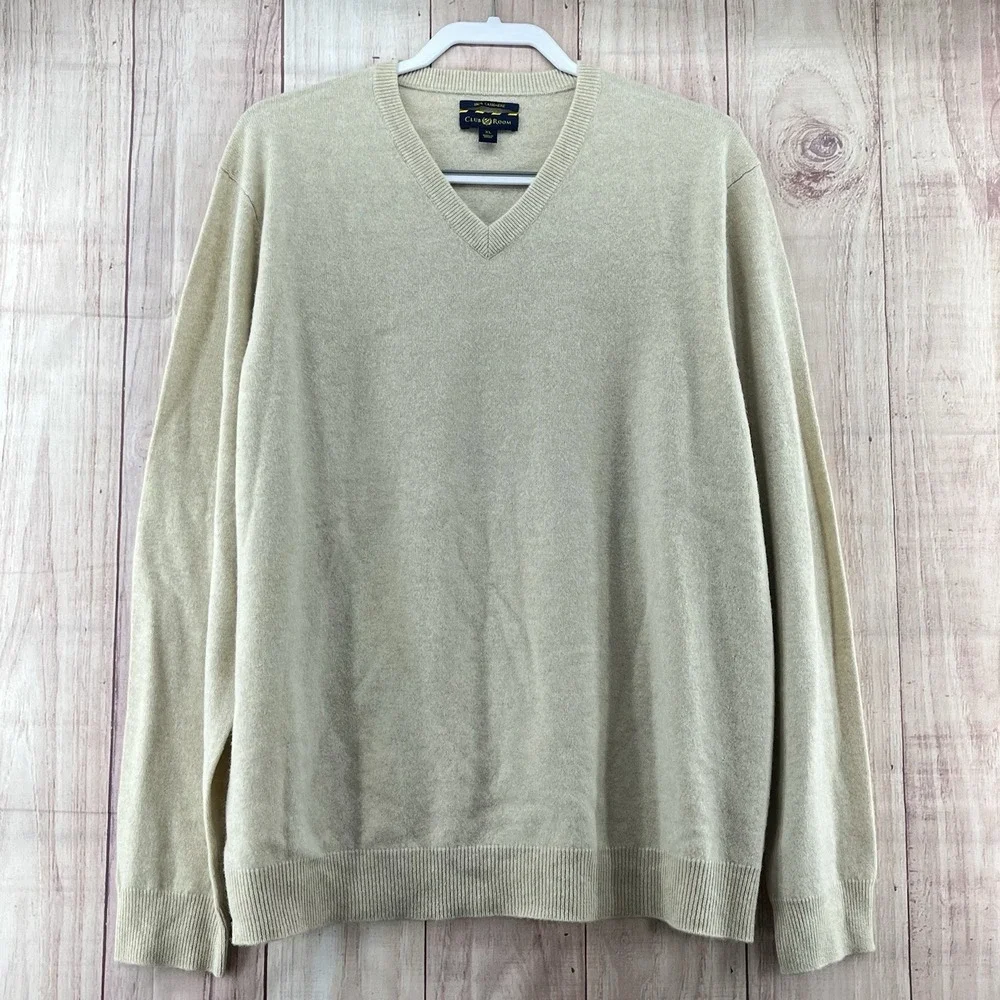 Club Room Men's 100% Cashmere Cream Beige V-Neck Crewneck Sweater Ex-large